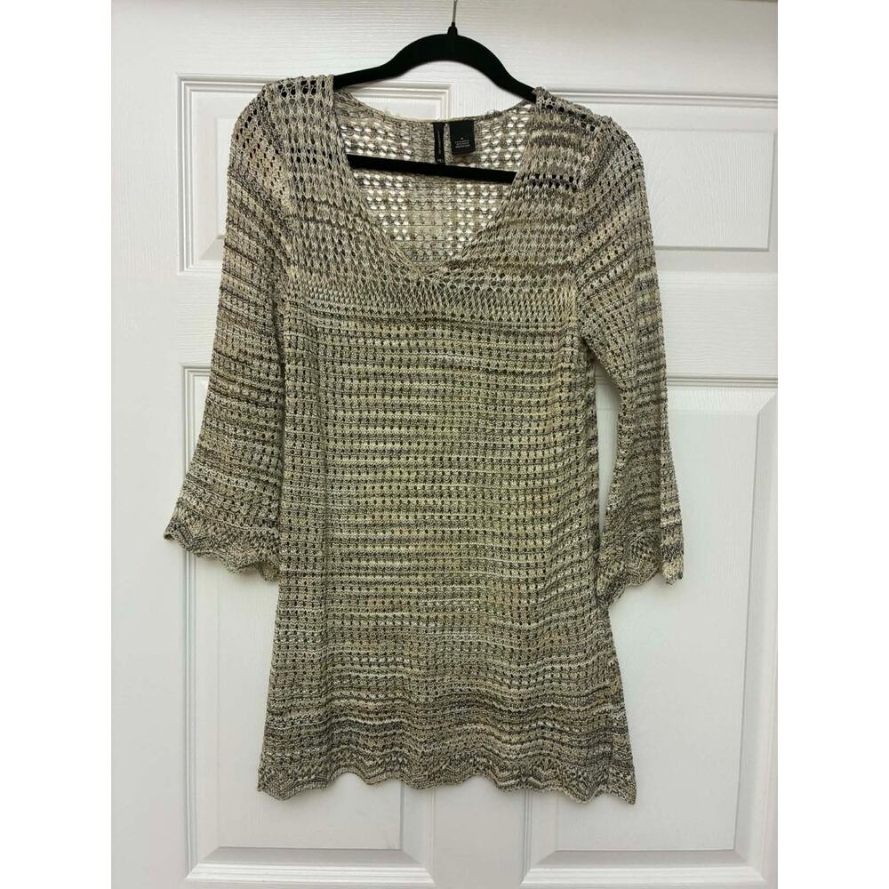 New Directions S Open Knit Crochet Sweater Tunic Boho Bell Sleeve Beige Top‎